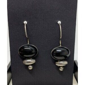 Vintage Black Onyx Sterling Silver Dangle Drop Earrings Hook On 925 Southwest